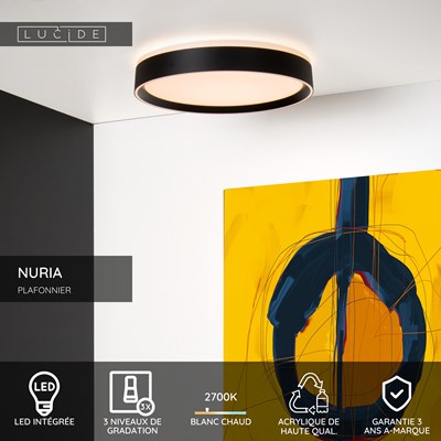 Lucide NURIA - Plafonnier - Ø 30 cm - LED 3 StepDim - 1x18W 2700K - Noir